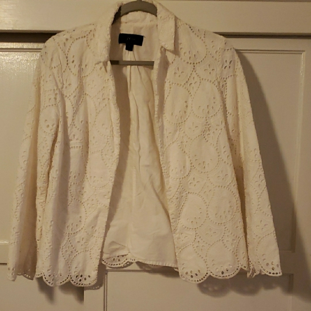 J. Crew White Lace Blazer with Scalloped Trim